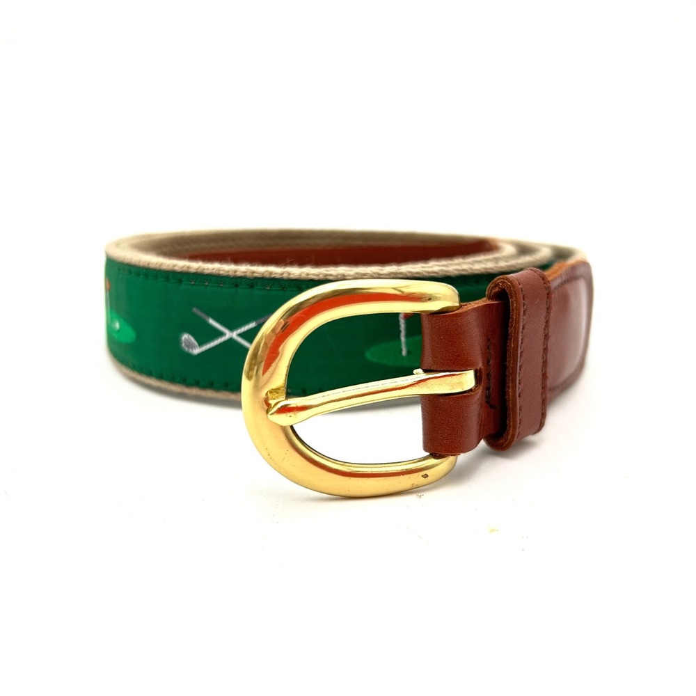 Preston Leather Men's Golf Ribbon Belt Green Embroidered Leather Tabs Size 40